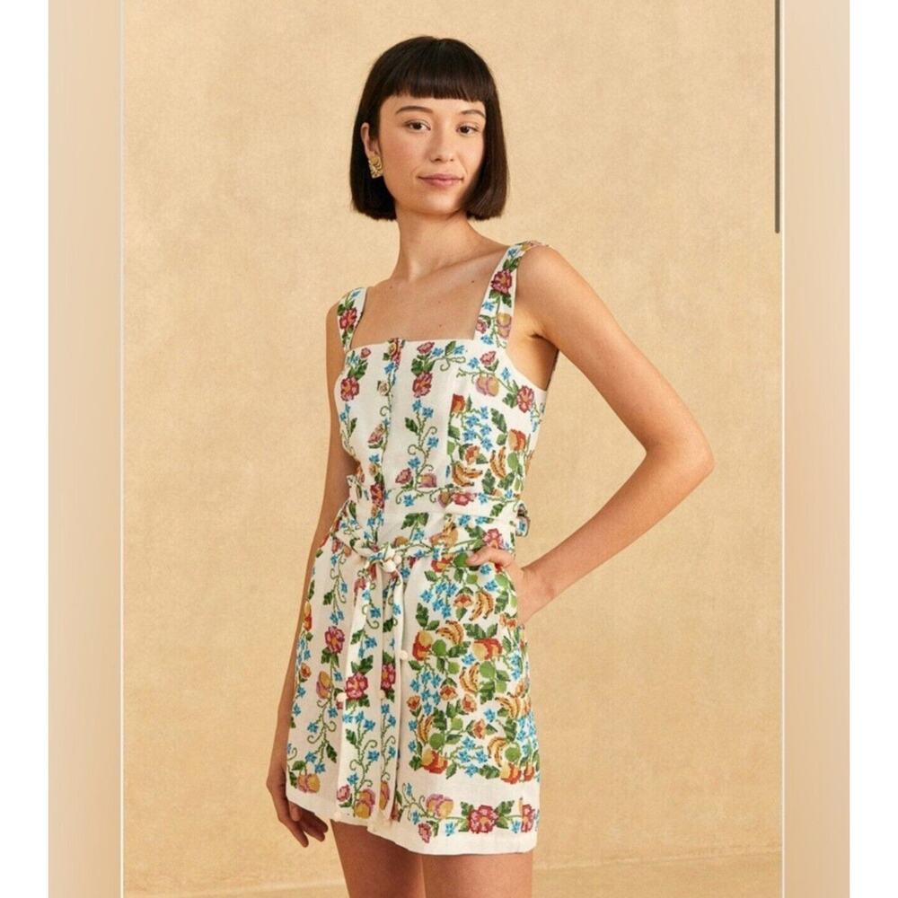Farm Rio Tropical Romance Romper Floral Print Linen Blend Size XL